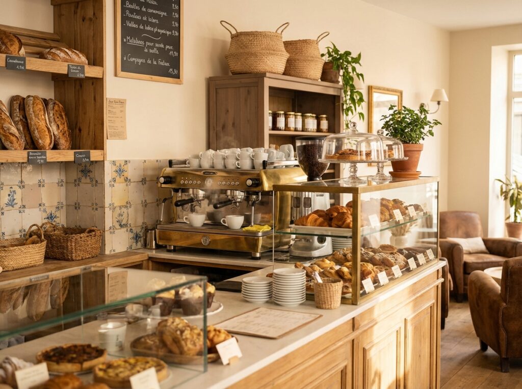 Machine à café automatique installée dans une boulangerie, à côté du comptoir, pour un distributeur café boulangerie