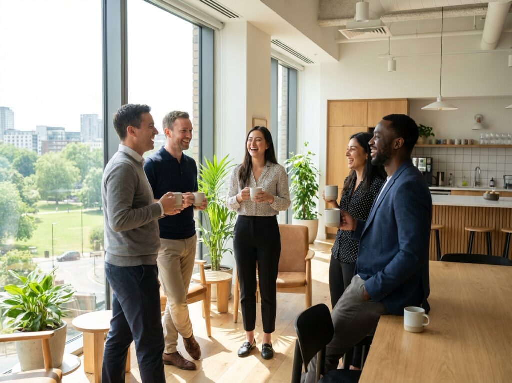 Machine à café coworking installée dans un espace de bureaux partagés, avec gobelets et snacking à proximité