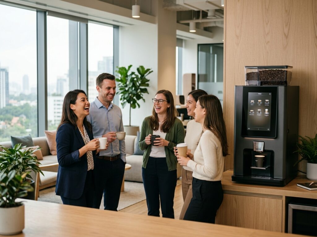 Machine à café en libre-service dans des bureaux d'entreprise, illustrant la location machine à café entreprise