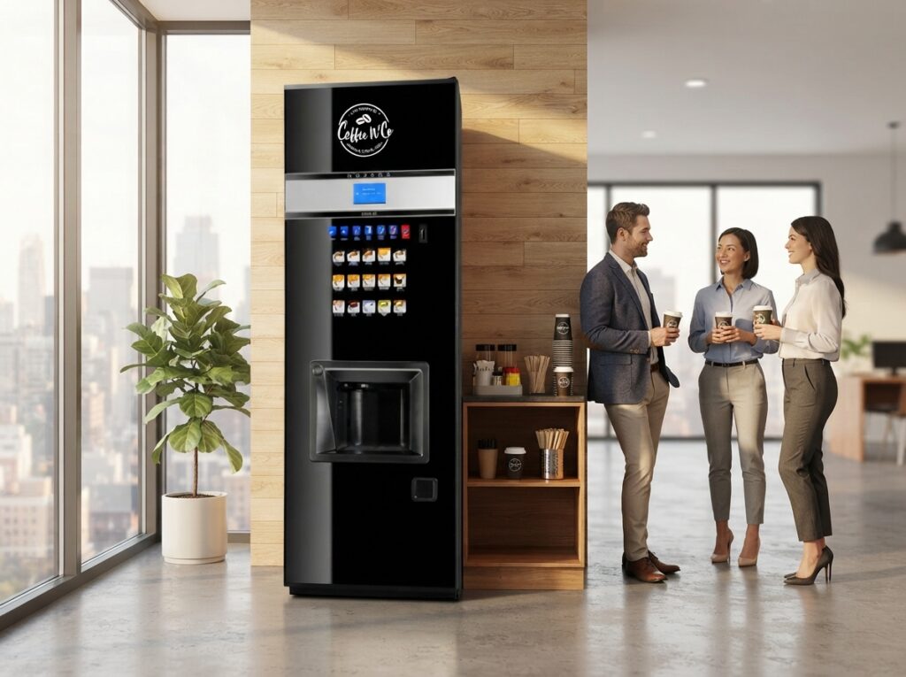 Machine à café entreprise Aix-en-Provence installée dans un espace de bureaux avec gobelets et snacking